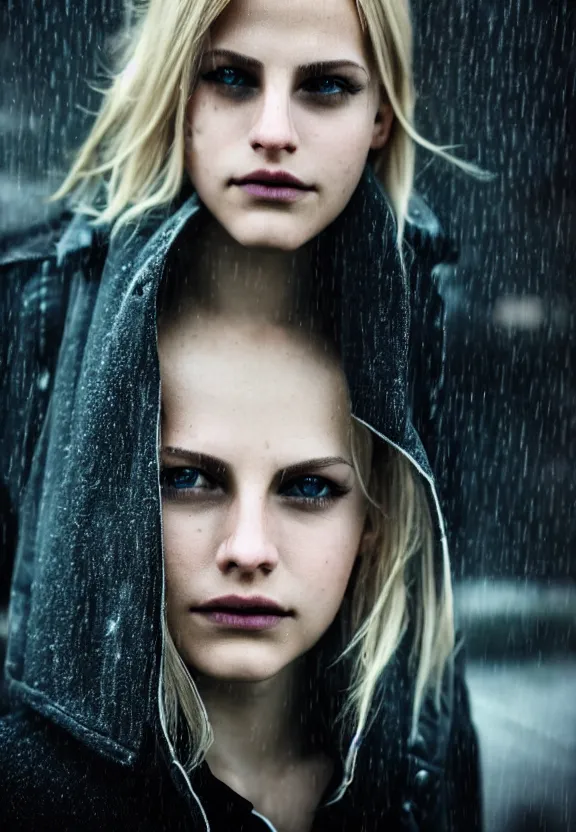 Image similar to cute model annie leonhart posing in dunwall city, beautiful face, detailed face, realistic eyes, cinematic lighting, rainy weather, melancholy atmosphere, volumetric light, gothic architecture, realistic reflections, model agency, instagram photo, depression atmosphere, shot on sony a 7, beauty filter, postprocessing