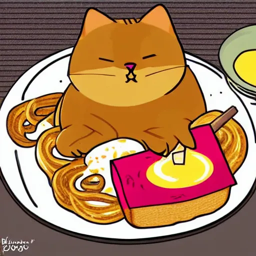 Image similar to obese cat sitting in behind a plate of indomie mi goreng noodles on toast, traditional artstyle