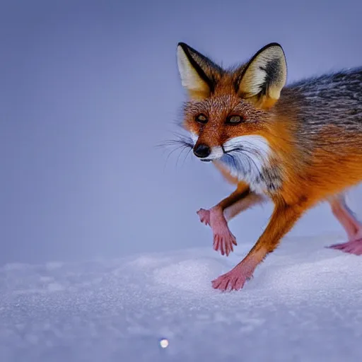 Image similar to mouse mixed with a fox searching for food in the snow, macro shot, soft light of winter, award winning photo, national geographic,