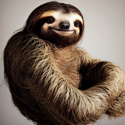 Image similar to a beautiful studio portrait of a sloth sitting in a chair