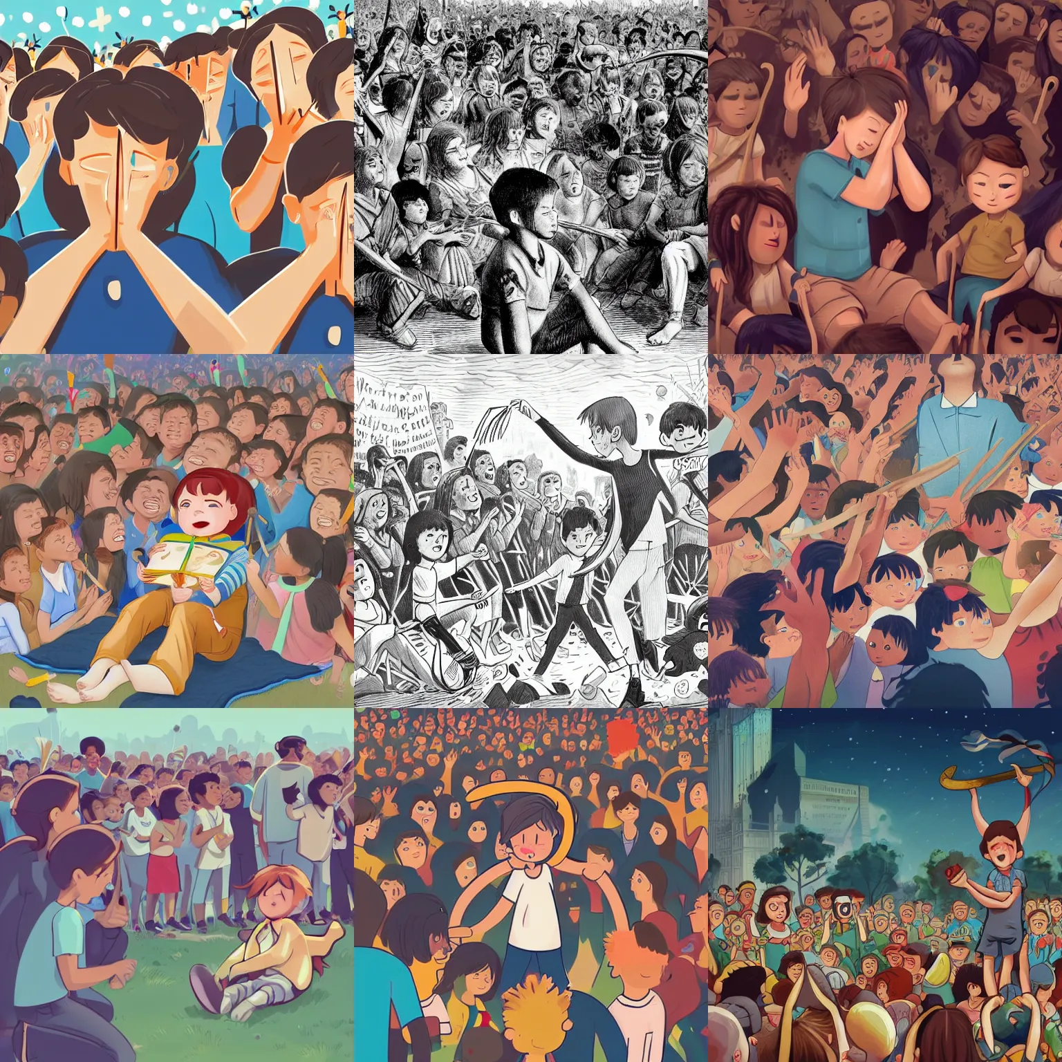 Prompt: an unfortunate child sits in tears in the center of the crowd, hugging his knees, and around him there are children who brandish boomerangs and throw them at him. a storybook illustration by lady davis, pixiv contest winner, trending on shutterstock, digital illustration, american propaganda, game art, flat shading