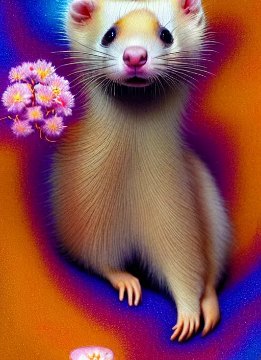 Prompt: hyper detailed 3d render like a Oil painting - kawaii portrait Aurora (blonde calico Sable Ferret) seen Eating of the Strangling network of yellowcake aerochrome and milky Fruit and Her delicate Hands hold of gossamer polyp blossoms bring iridescent fungal flowers whose spores black the foolish stars by Jacek Yerka, Mariusz Lewandowski, Houdini algorithmic generative render, Abstract brush strokes, Masterpiece, Edward Hopper and James Gilleard, Zdzislaw Beksinski, Mark Ryden, Wolfgang Lettl, hints of Yayoi Kasuma, octane render, 8k