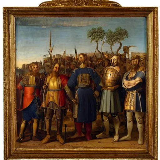 Image similar to a king and his knights standing over poor peasants, historical painting