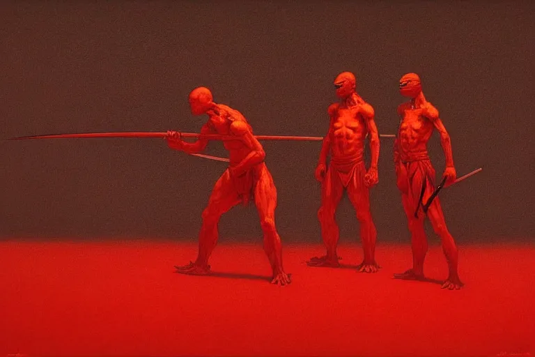 Image similar to only with red, a red samurai harakiri, tokio, a lot of frogs watch, in the style of beksinski, parts by edward hopper, parts by rodcenko, parts by yue minjun, intricate and epic composition, red by caravaggio, insanely quality, highly detailed, masterpiece, red light, artstation, 4 k