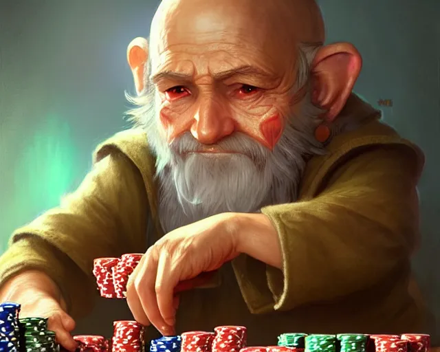 Image similar to little old gnome, playing poker, deep focus, d & d, fantasy, intricate, elegant, highly detailed, digital painting, artstation, concept art, matte, sharp focus, illustration, hearthstone, art by artgerm and greg rutkowski and alphonse mucha