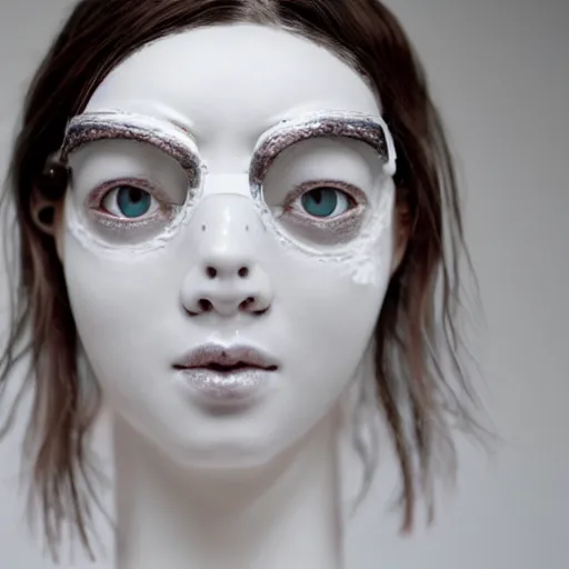 Image similar to full head and shoulders, beautiful female porcelain sculpture with melting white paint 3 d cyborg elements, white prosthetic eyes, 3 d goggles, smooth, all white features on a white background, delicate facial features, white eyes, white lashes, detailed white liquid, anatomical by daniel arsham and james jean