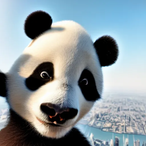 Image similar to A cute Panda taking a selfie on top of Burj Khalifa, hyperrealistic, highly detailed, depth of field, High definition, 8k, octane render, artstation