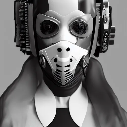 Image similar to a person in a black and white outfit with a mask on, cyberpunk art by ryusei kishida, featured on cgsociety, panfuturism, daz 3 d, 8 k 3 d, polycount