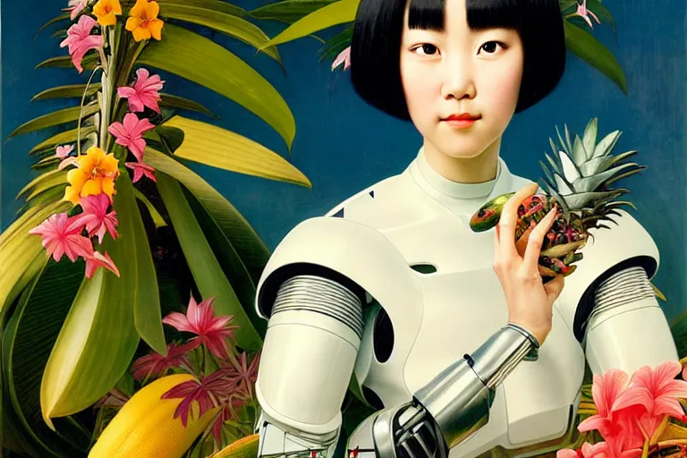 Prompt: a portrait of double eyelids asian female with short black hair dressed with a robot knight plastic white armor dress from evangelion, sit in a throne surrounded by garlands of tropical fruits and flowers, masterpiece painted by jc leyendecker