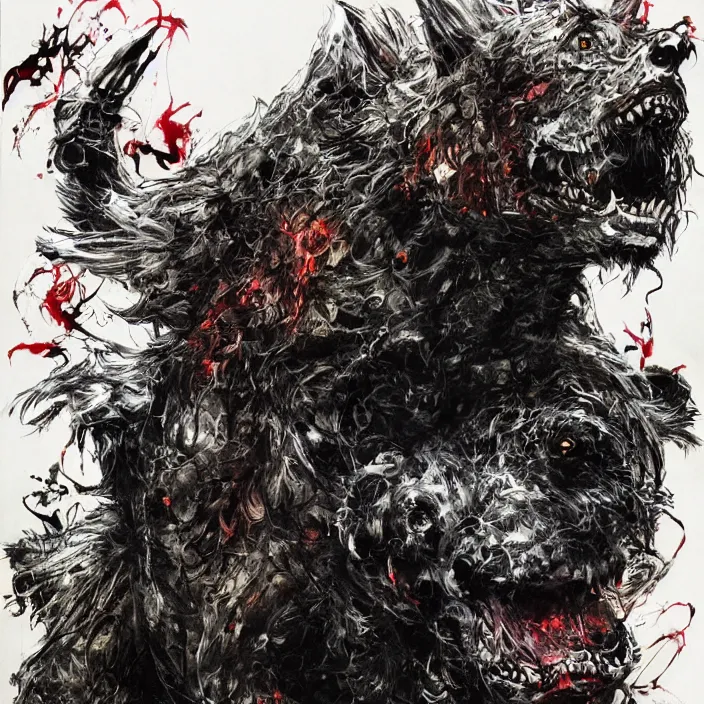 Prompt: hell dog creature, painting, by greg ruthowski, yoshikata amano, yoji shinkawa, alphonse murac, collaborative artwork, beautifully drawn, heavily detailed