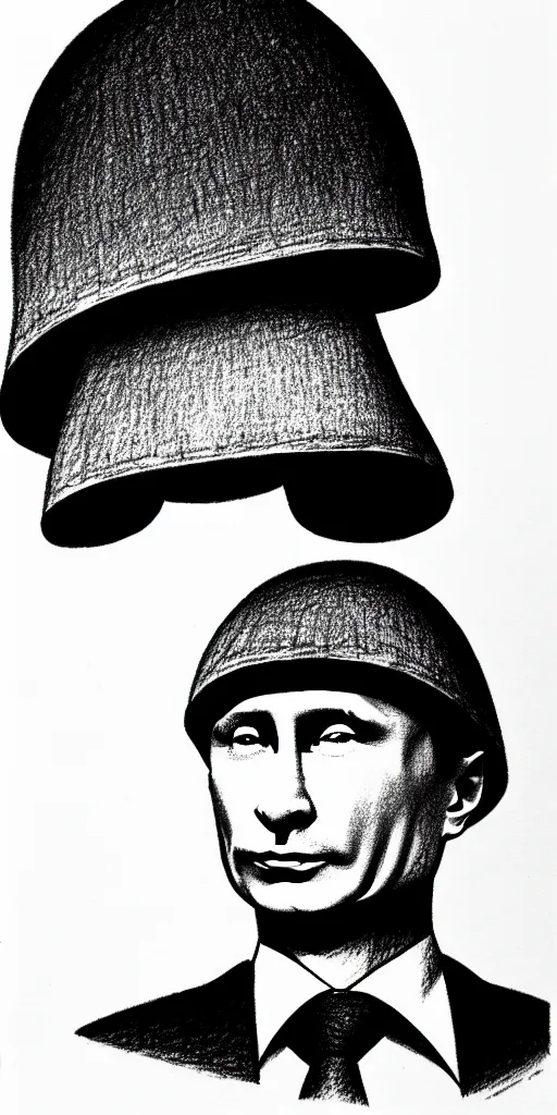 Image similar to vladimir putin with a nuclear mushroom cloud ushanka, cartoonish, ultra detailed pencil drawing