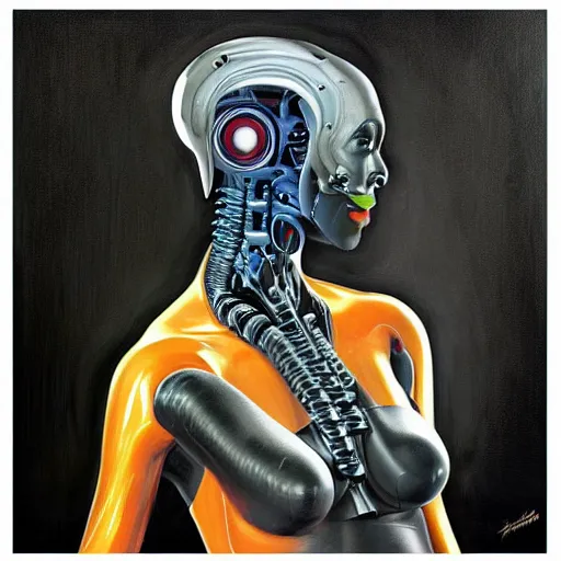 Image similar to a realistic oil painting of a black woman as a cybernetic cyborg, surrealism portrait, surrealism album cover