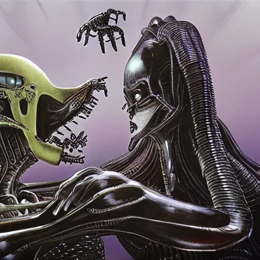 Prompt: ronald mcdonald versus queen alien by h. r. giger highly detailed, cinematic, panoramic