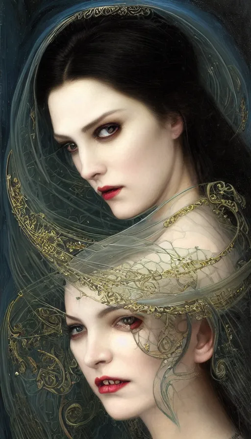 Image similar to Masterpiece painting of beautiful vampire princess close-up portrait by Donato Giancola and Tom Bagshaw, face by Artgerm and Edmund Leighton, golden ratio, trending on cgsociety, intricate, majestic, dark epic fantasy, trending on artstation, by H.R. Giger, background by James Jean and Gustav Klimt, 8k, volumetric Lighting, Hokusai, trending on pixiv