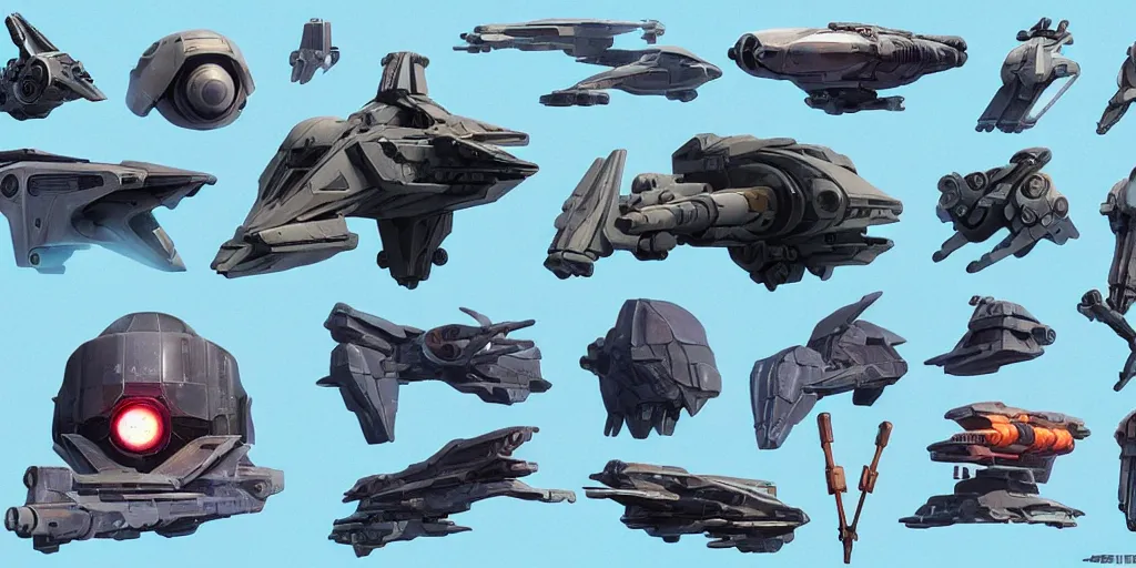 Image similar to collection of futuristic sci - fi props and gadget, items, hard surface, kitbash, parts, exploration of shape and forms, in watercolor gouache detailed paintings, star citizen, modular, pieces, moebius, weapon, guns, destiny, big medium small, insanely details, wes anderson, bungie, star wars, simon stalenhag, no man's sky