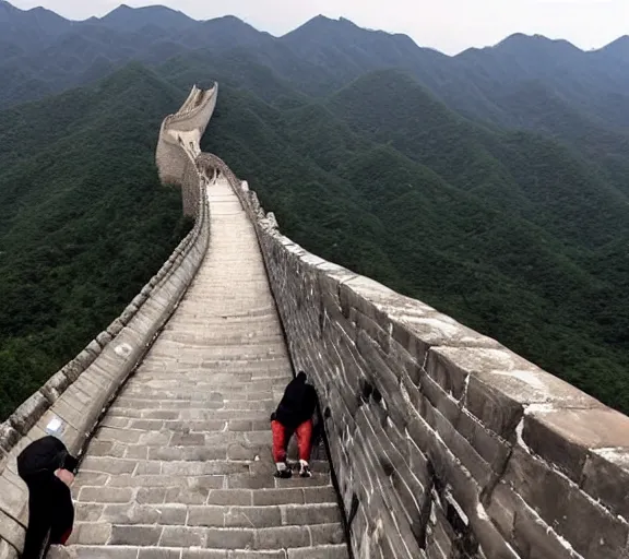 Prompt: candid photo of donald trump climbing over the great wall of china in 2020