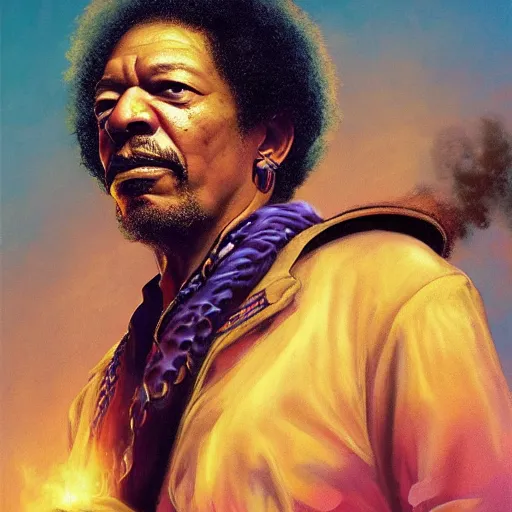 Image similar to UHD movie still of Morgan Freeman as Jimmy Hendrix, by Antonio Caparo and Ferdinand Knab and Greg Rutkowski, UHD, photorealistic, trending on artstation, trending on deviantart