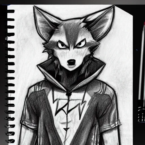 Image similar to anime style pencil sketch of an anthropomorphic wolf fursona furry male character wearing a hoodie, notebook pencil drawings, realisitc photo