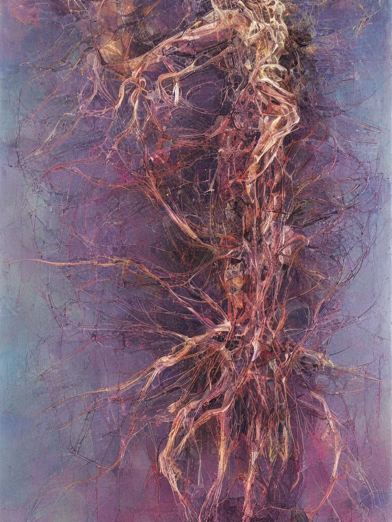 Prompt: a beautiful abstract painting by ramon chirinos of a glitched human nervous system, color bleeding, pixel sorting, copper oxide material, brushstrokes by jeremy mann, studio lighting, pastel purple background, square shapes