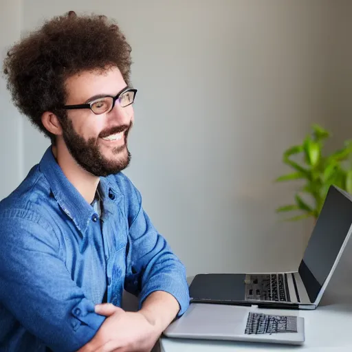 Image similar to a programmer finally fixed a bug in his code after trying for a long time, looking relieved and happy