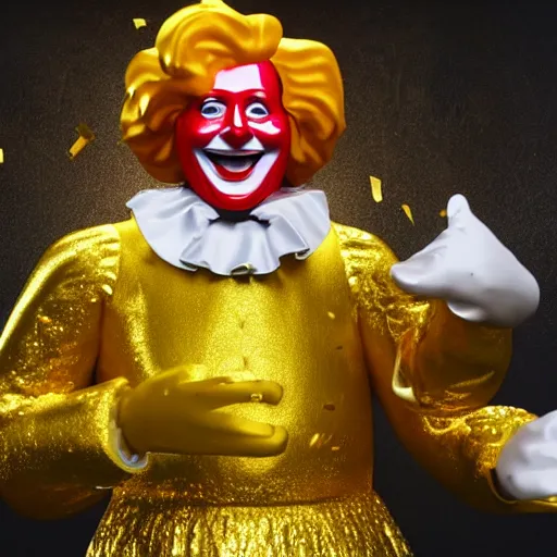 Image similar to a still of ronald mcdonald surrounded by gold and diamonds, award - winning, photograph, 3 d render, unreal engine, 4 k detailed