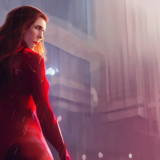 Prompt: still of scarlet witch creating a barrier around herself, photorealistic art style, futurism aesthetic, artstation, cgsociety contest winner