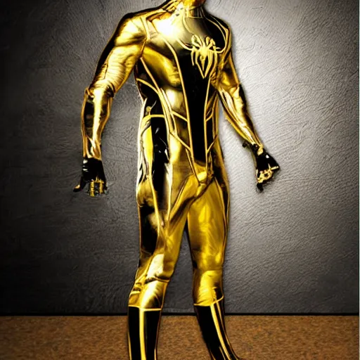 Image similar to gold spider - man suit with black web lining, cinematic, volumetric lighting, realistic, hyperdetailed, photorealistic, photograph