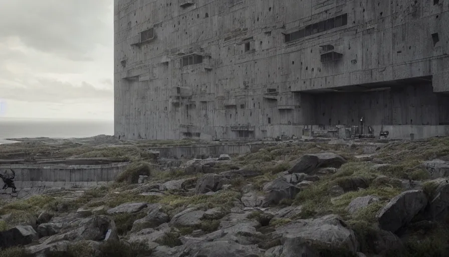 Image similar to big brutalist imperial military base on cliffs, drawing architecture, imperial architecture in rogue one, pritzker architecture prize, brutalism architecture, cinematic shot, by greig fraser, by emmanuel lubezki, robert richardson, hoyte van hoytema, roger deankins, janusz kaminski, alejandro inarritu