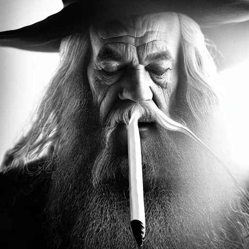 Prompt: a closeup black and white studio photographic portrait of gandalf smoking a long pipe, dramatic lighting