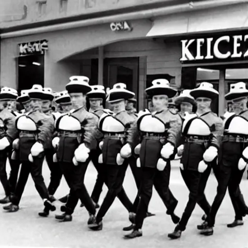 Image similar to a line of soldiers marching into kfc in a single file line, in the style of a 1940's cartoon.