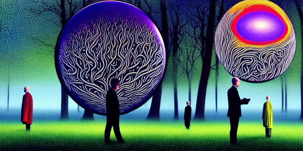 Prompt: neurograph, fluid art, an echo, a prism and a dream, monks wearing black, psychedelic horses, trees in a forest through a spherical lens, surrealism, intricate, elegant, highly detailed, digital painting, trending on artstation, concept art, sharp focus, by rene magritte, moebius, wide shot