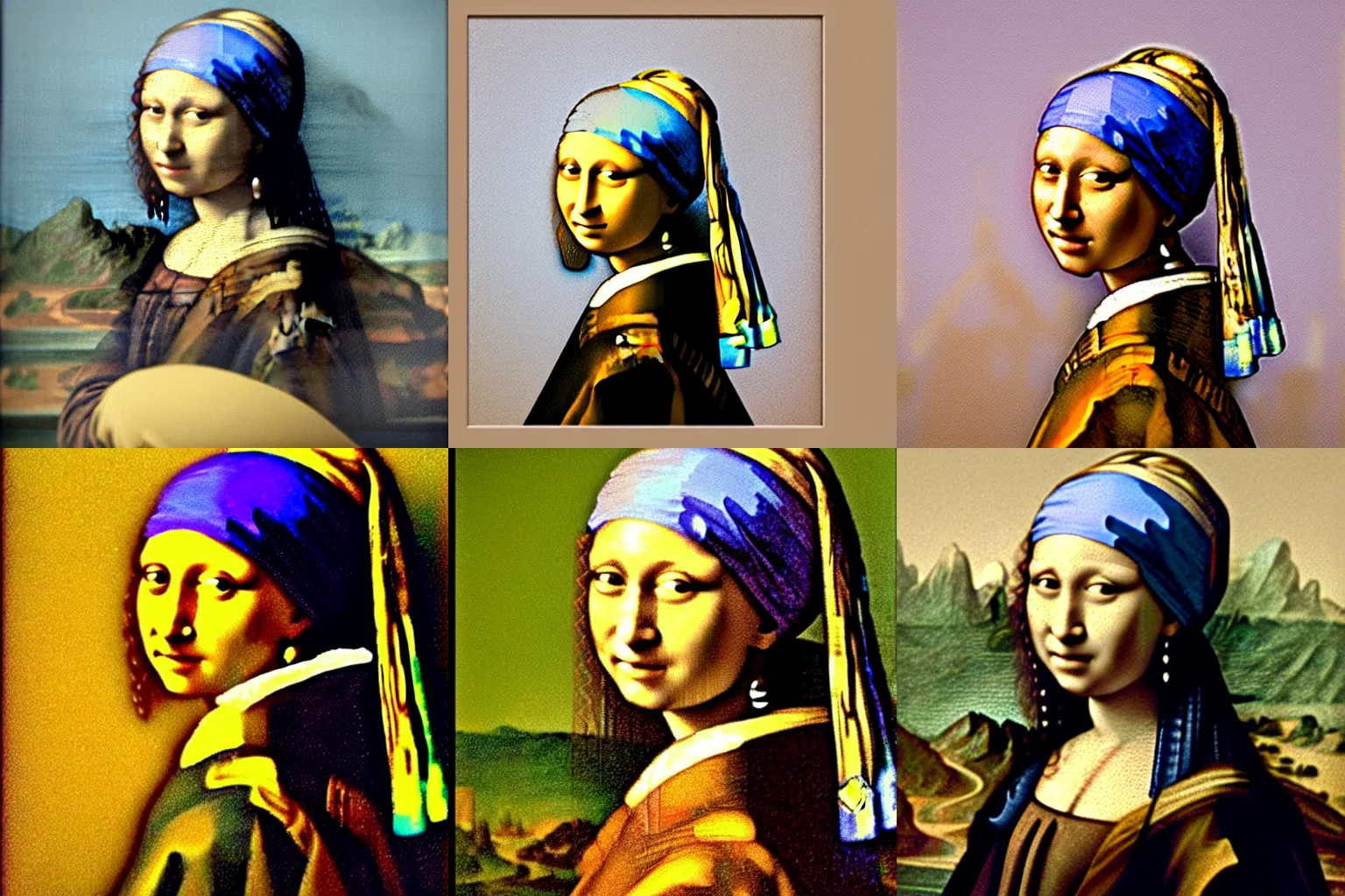 Prompt: mona lisa as the girl with the pearl earring in the style of caravaggio, minimalistic, soft skin tones