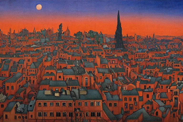 Prompt: view of the old city and its tree-lined winding streets after a storm, tall windows lit up, beautiful ornamental architecture, dramatic cinematic lighting, rich colors, by Nicholas Roerich and and Caspar David Friedrich and ford madox brown and April Gornik and ((Diego Rivera)), featured on artstation