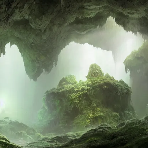 Image similar to photo an overgrown deep underground cave on another world embellished with a lush overgrown jungle of beautiful ancient alien trees, alien elvish cave village, scattered complex ancient monoliths emitting cosmic astral energy, nebula fog and cosmic mist, 4 k rtx hdr volume light concept studio matte painting environment octane, ue 5, photorealistic render trending on artstation by eytan zana