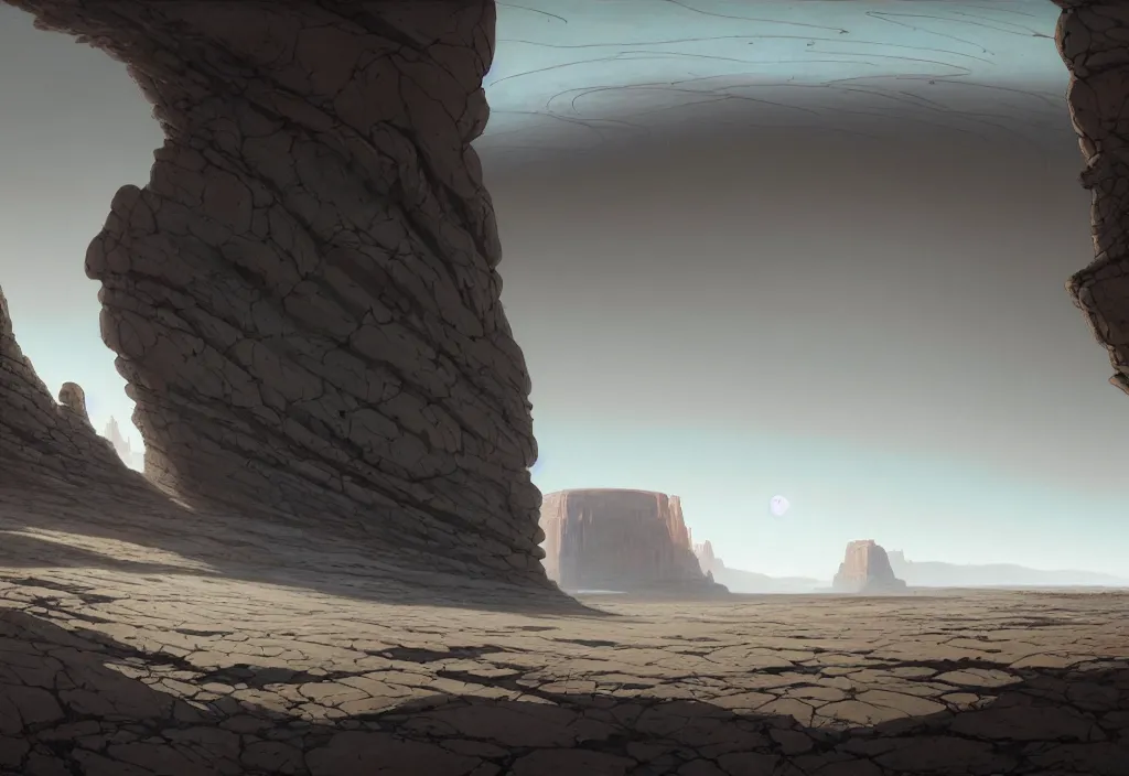 Prompt: The landscape of a gray barren land with dry gray land, enclosed in incredibly endlessly-gigantic smoothed rock walls. The walls are so far apart that they disappear over the horizon. Art by Finnian MacManus, Simon Stalenhag, Arthur Rackham. Masterpiece, fantasy art, cinematic, hyperdetailed, photorealistic, hyperrealism, octane rendering, 8k