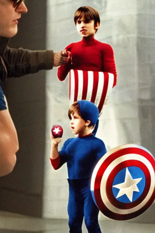 Image similar to Young Steve Jobs as Captain America holding a bitten apple