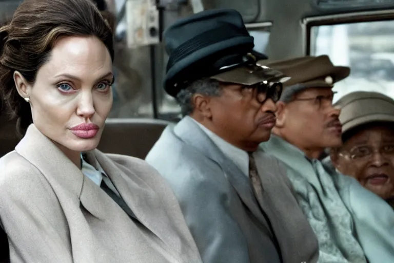 Prompt: Angelina Jolie as Rosa Parks in 'Rosa' (2007), movie still frame, promotional image, imax 70 mm footage, oscar nominated cinematography, volumetric lighting, 8k resolution