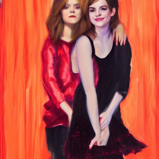 Prompt: emma stone dancing with emma watson, soft red lights full body portrait, 8 k oil painting,