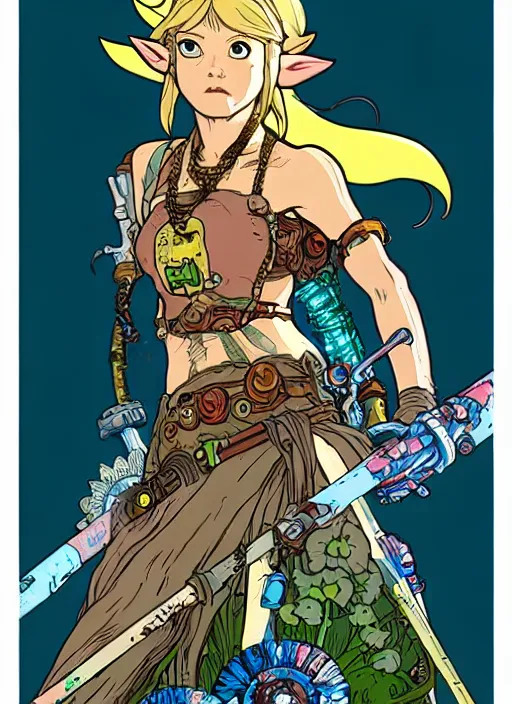 Prompt: biopunk fierce diety!! link from zelda!! portrait illustration, pop art, splash painting, art by geof darrow, ashley wood, alphonse mucha, makoto shinkai