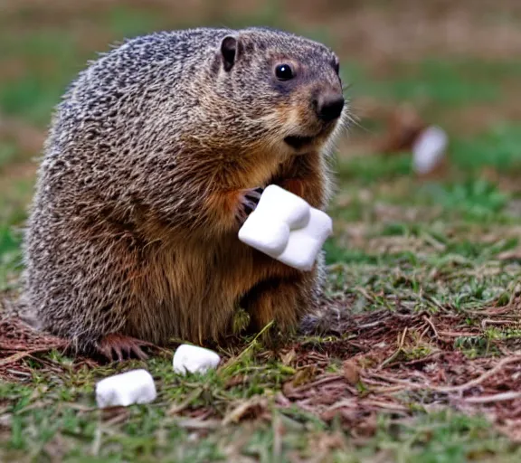 Prompt: a groundhog eating a marshmallows