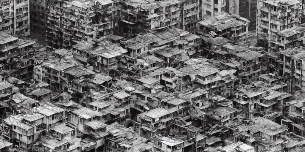 Image similar to studio ghibli film still of a forest city, kowloon walled city, ruined buildings, animals