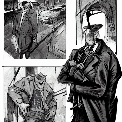 Image similar to a haggard detective in a trenchcoat scanning a crimescene, sketchy artstyle, digital art, dramatic, thick lines, rough lines, cinematic, trending on artstation