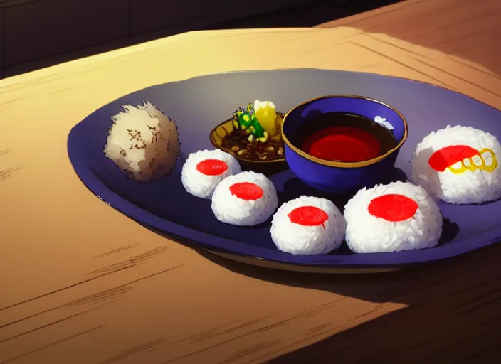 Image similar to a film still portrait of a plate with japanese food onigiri, finely detailed features, closeup at the food, perfect art, at a dinner table, gapmoe yandere grimdark, trending on pixiv fanbox, painted by greg rutkowski makoto shinkai takashi takeuchi studio ghibli, akihiko yoshida