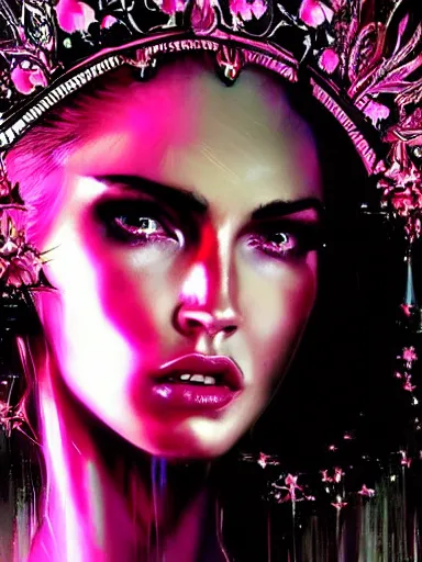 Image similar to pink portrait of young beautiful female angel queen Megan Fox head wearing shiny pink crown, subtle purple accents, hyper details, black metal rococo, sculpted by Alex Alice, Craig Mullins, yoji shinkawa, trending on artstation, beautifully lit, Peter mohrbacher, hyper detailed, insane details, intricate, elite, elegant, luxury, ray of light through smoke, CGsociety, hypermaximalist, golden ratio, background urban cityscape, night, neofuture, volumetric, octane render, weta digital, micro details, 3d sculpture