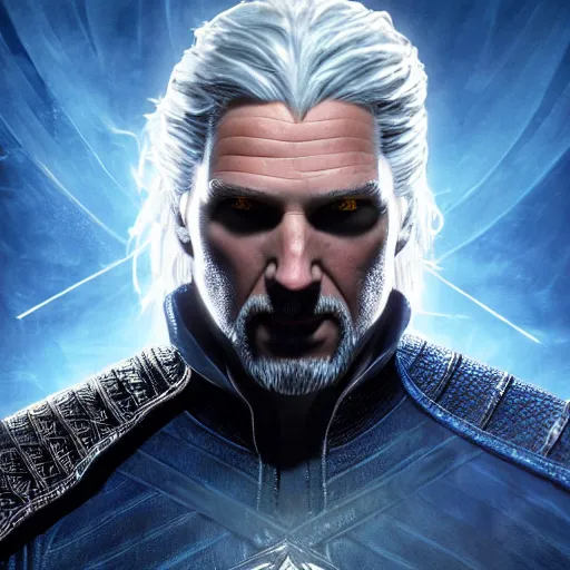 Prompt: geralt of rivia as doctor strange, long shadow, light colors, blue magic, ice, blue ice, by greg rutkowski, multiple dimensions, shattered glass, refractions, highly detailed, environmental light, cinematic by francis tnehunreal, octane render, nvidia, concept art