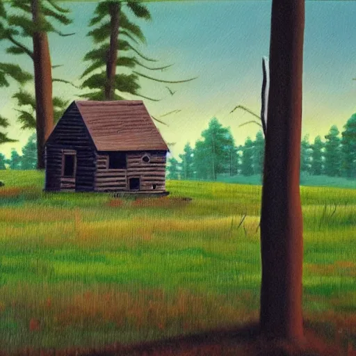 Prompt: a painting of a eerie cabin in the middle of the woods in the style of grant wood