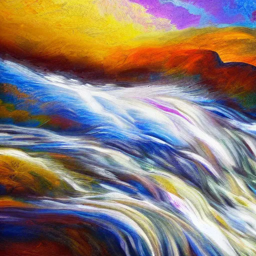 Prompt: a wild landscape painting filled with energy patterns rippling in all directions, mountains, rushing water, saturated colors