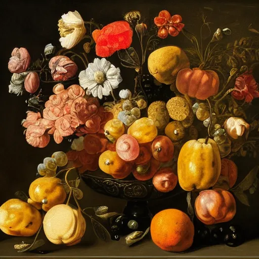 Image similar to a painting of flowers and fruit on a black background, a flemish baroque by jan davidsz. de heem, shutterstock contest winner, baroque, flemish baroque, dutch golden age, rococo