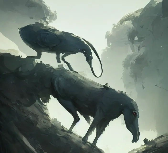 Prompt: a new animal inspired by horse and shoebill, digital art made by makoto shinkai, lois van baarle, greg rutkowski and jakub rebelka, highly detailed, symmetrical, extremely coherent, concept art, smooth, shaped focus, dystopian background