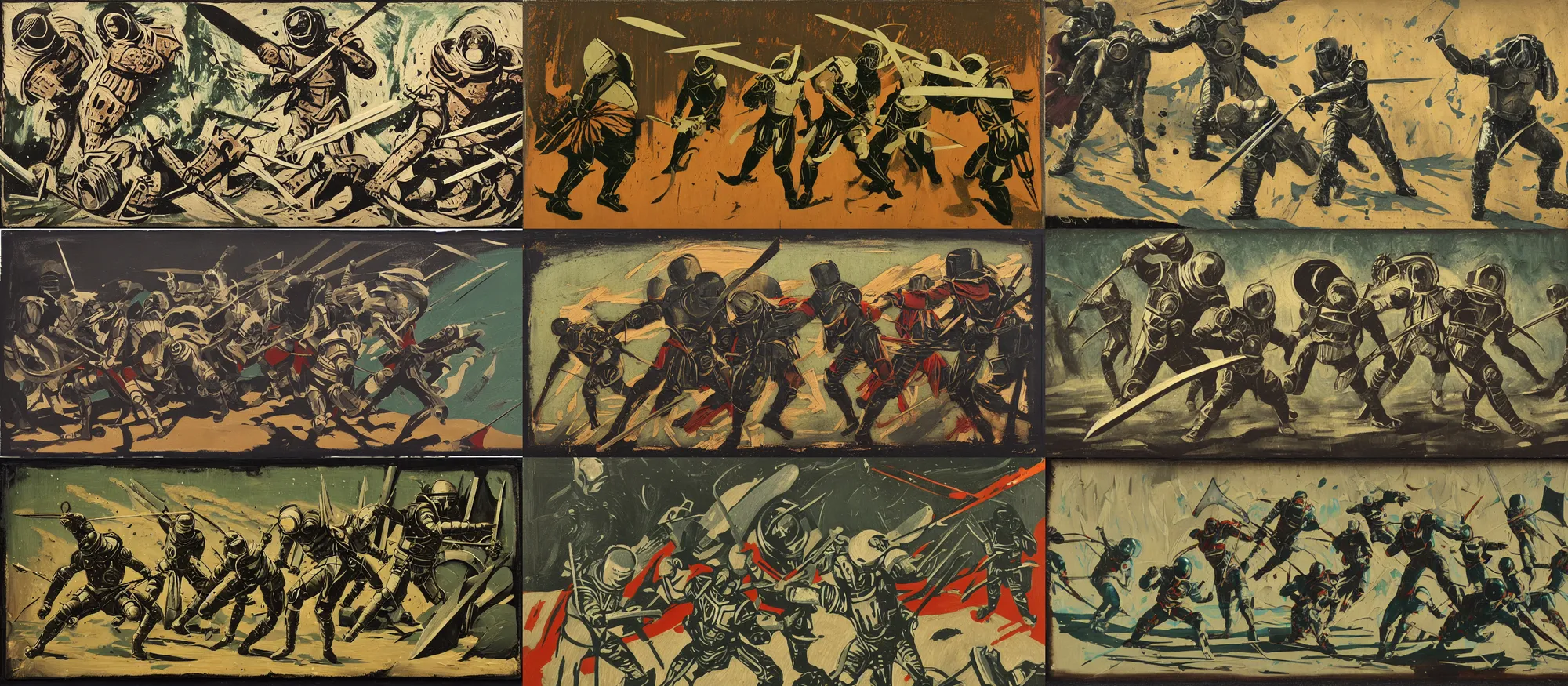 Prompt: battle scene, astronaut - gladiators with swords, lorica segmentata and sashimono, art nouveau style, brutalist, woodcut, action scene, tintype, frenetic brushwork, chiaroscuro, figurative art, spatter, dust, atmospheric, volumetric lighting, raw sienna, vermilion, and sage green